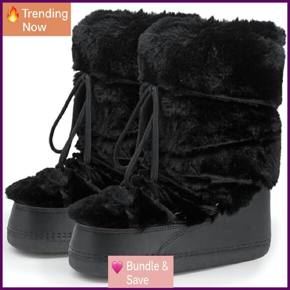 Faux Fur Snow Boots Women's Water Resistant Winter Boots Lace-Up Mid-Calf - Picture 2 of 7